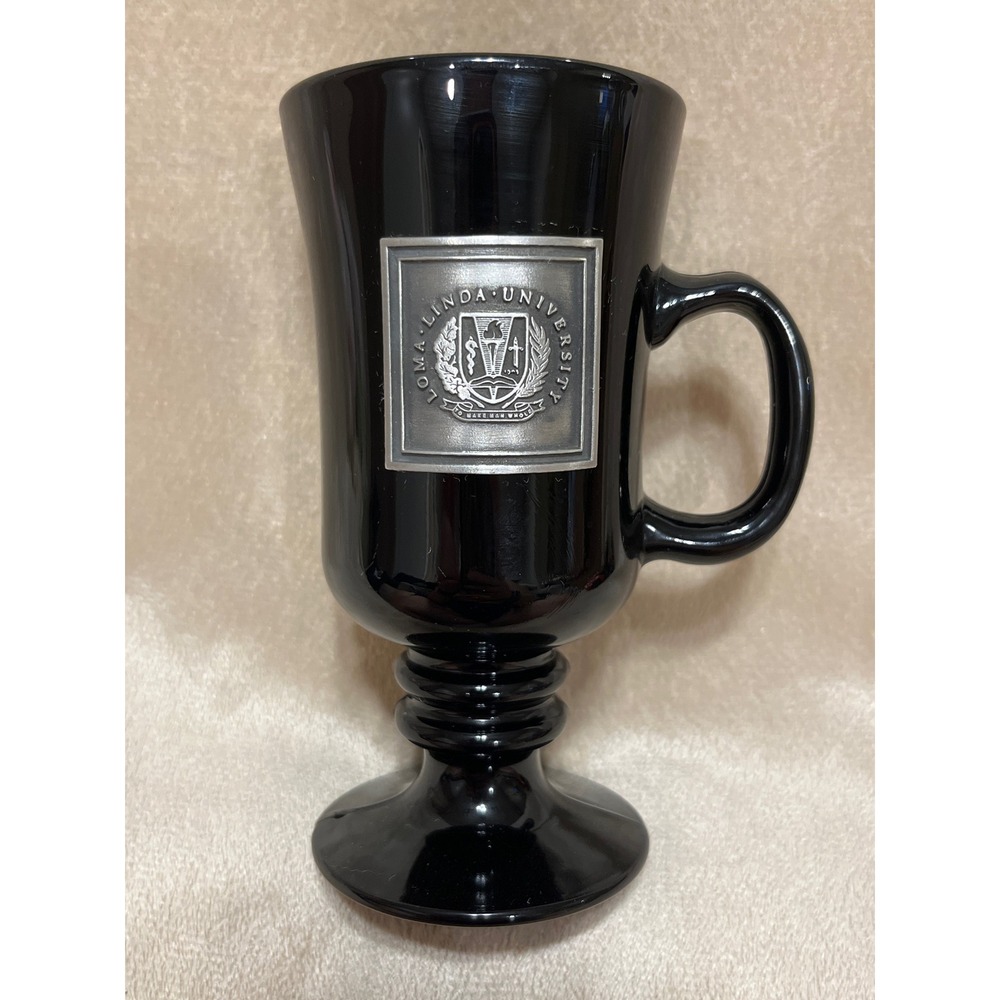 Vintage Loma Linda University Black Glass Pedestal Coffee Mug Pewter Medallion